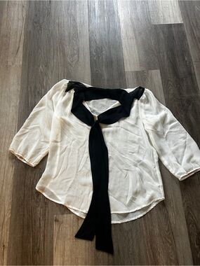 Lily White White Sheer Blouse with Black Tie-Neck
